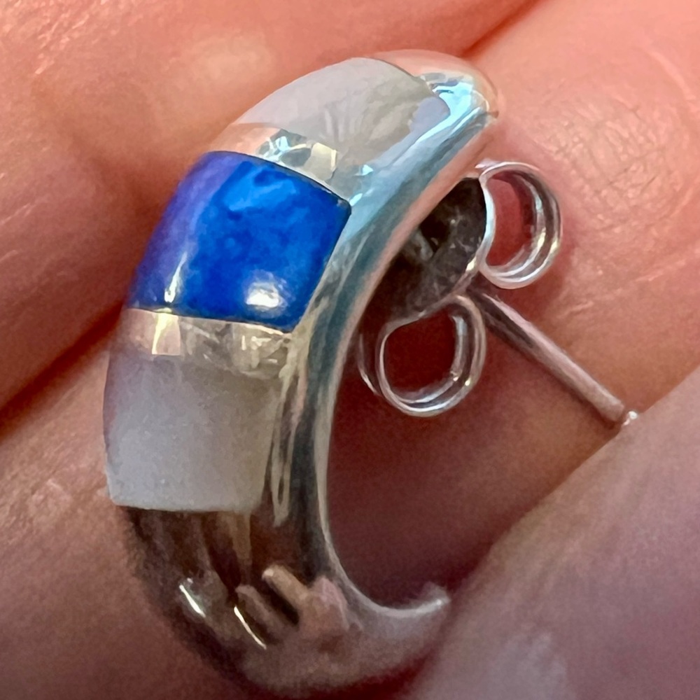 Mother of pearl/blue lapiz sterling silver earrings CNA 925 Thailand - Picture 2 of 7